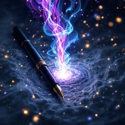 The primary subject of the image is a pen, which is placed in a swirling, purple and blue vortex. The setting is a dark, starry background, creating a sense of depth and mystery. The visual style is a combination of digital art and illustration, with the pen and the vortex being the main focus of the image. The colors and mood are predominantly purple and blue, giving the scene a sense of calmness and intrigue.